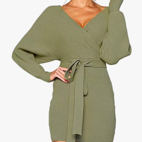 mansy Dresses & Skirts - Mansy backless mock wrap mini sweater dress size small